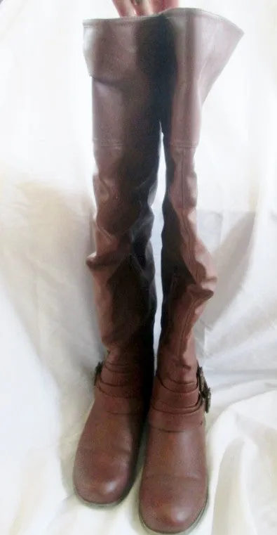 EUC Womens JUST FAB Vegan Thigh Over Knee Riding BOOTS BROWN 10 AURELEE