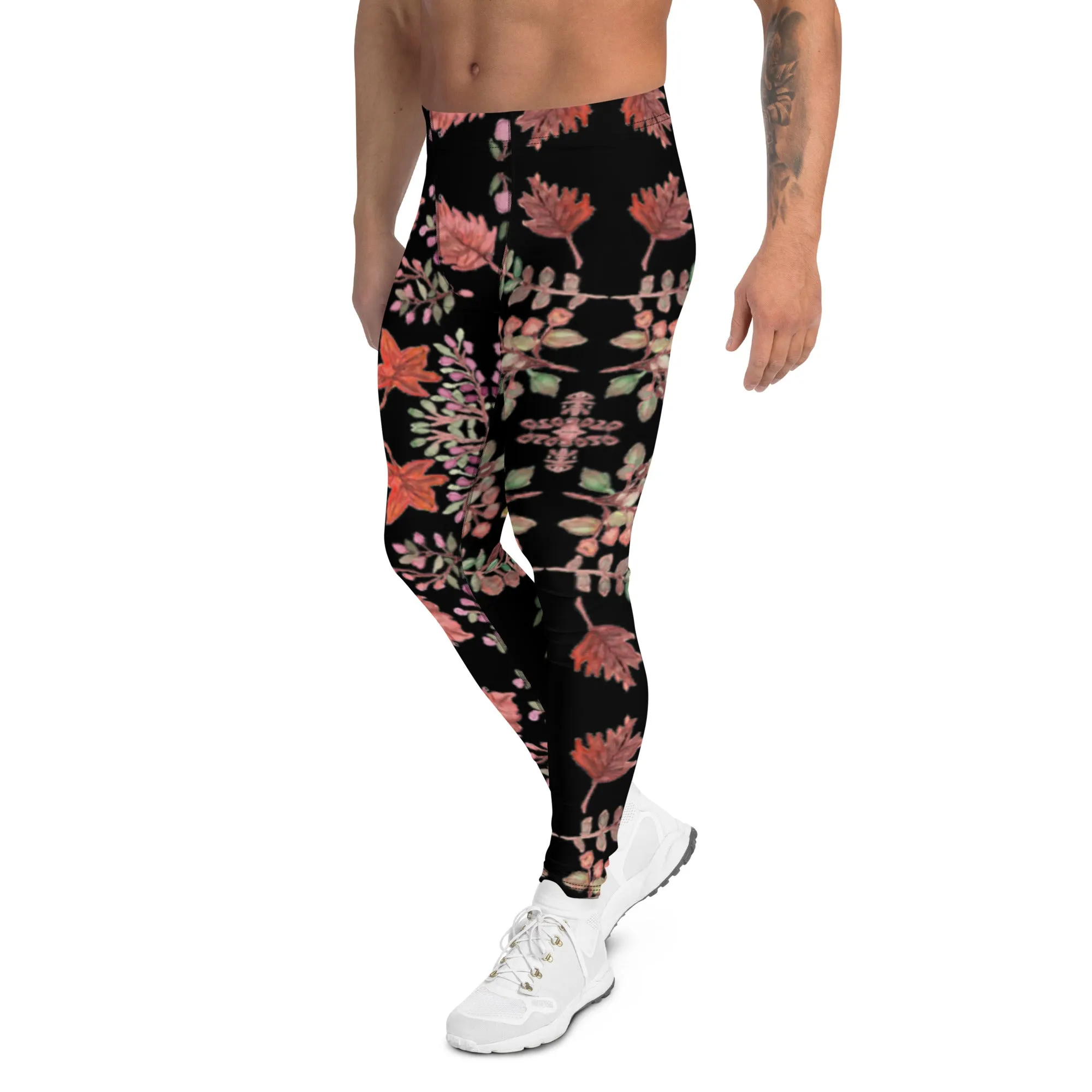 Fall Leaves Print Men's Leggings, Black Fall Leaves Leggings For Men, Autumn Leaf Leggings- Made in USA/EU/MX