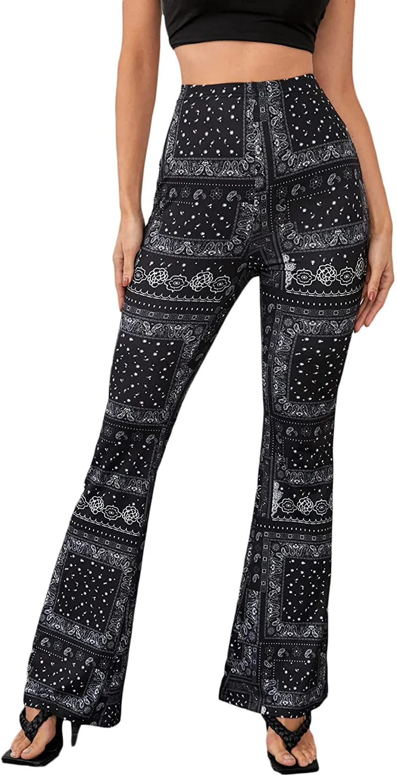 Floerns Women's Paisley Print Elastic Waist Flare Leg Workout Pants