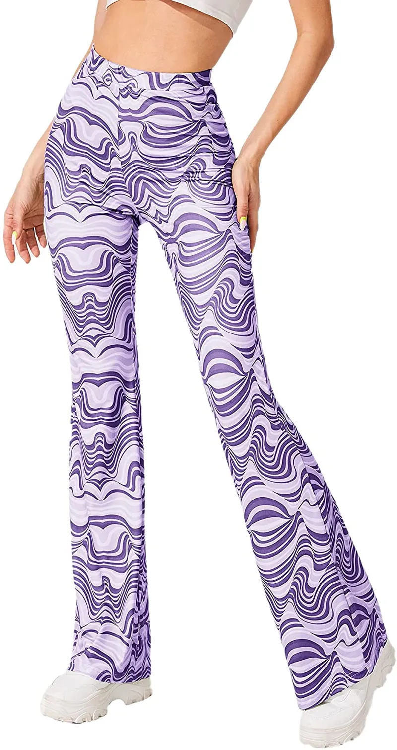 Floerns Women's Paisley Print Elastic Waist Flare Leg Workout Pants