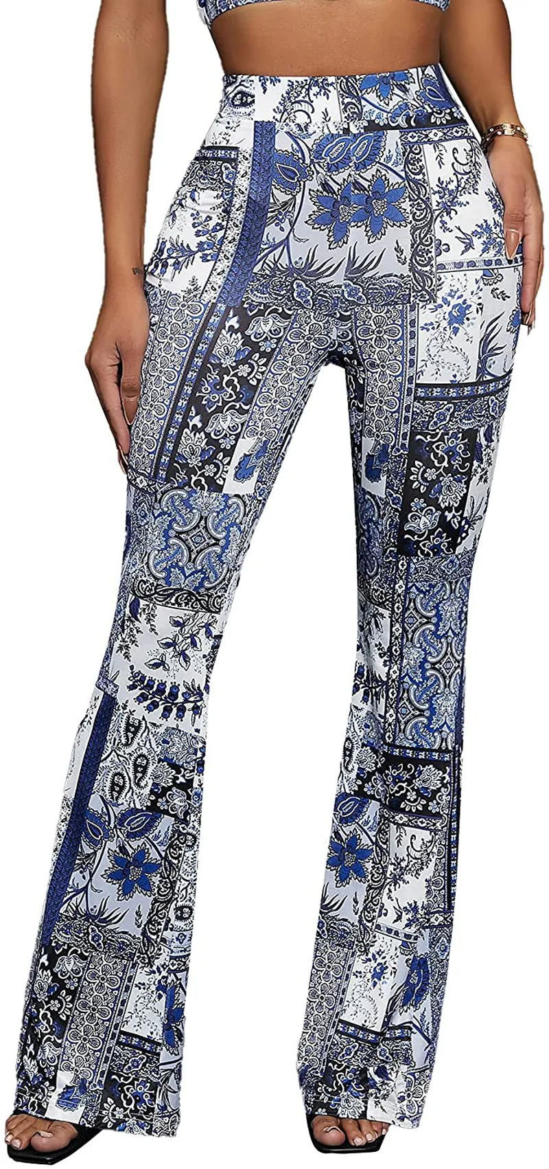 Floerns Women's Paisley Print Elastic Waist Flare Leg Workout Pants