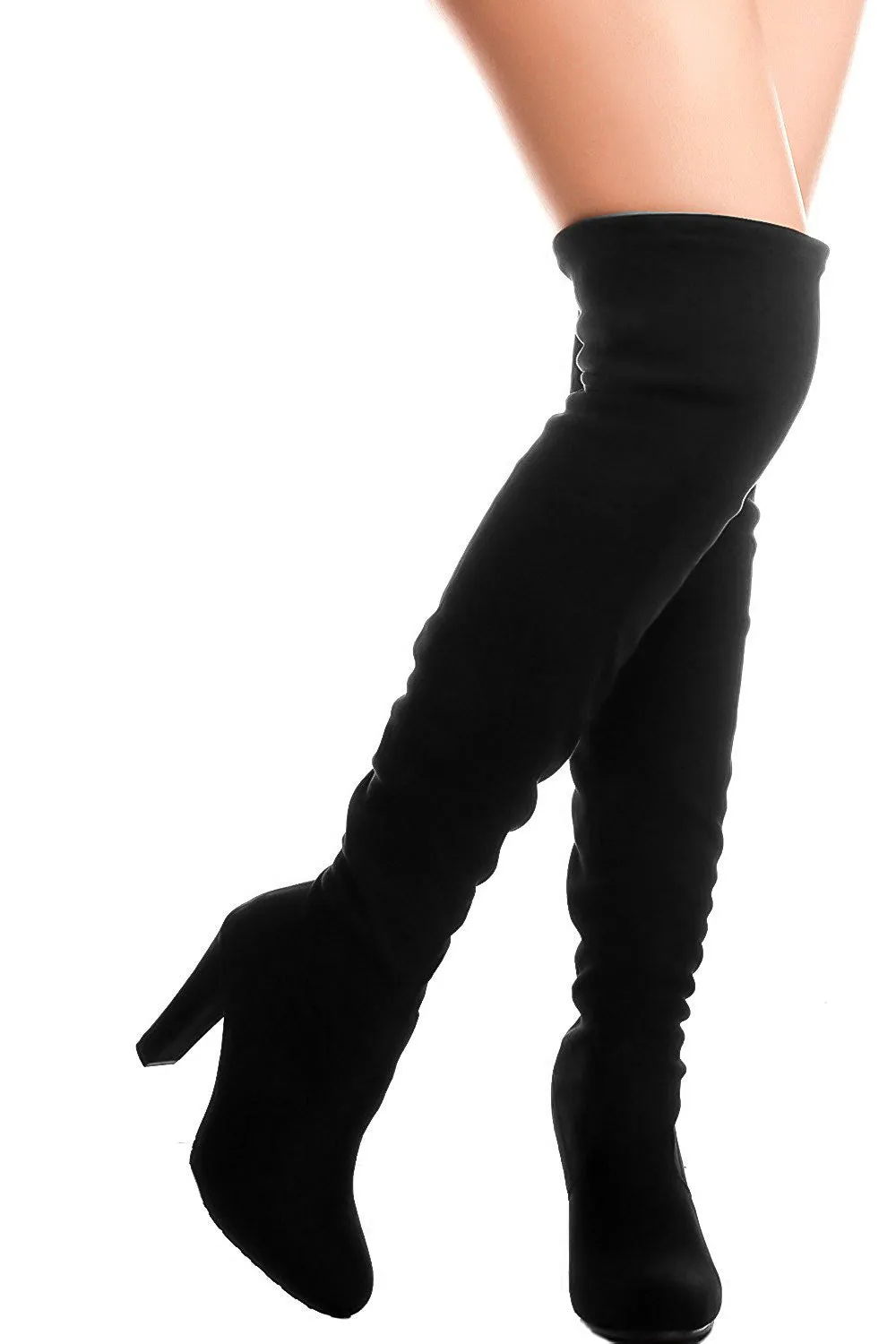 Forever Link Women's Stacked Chunky Heel Stretch Thigh High Pull On Boot