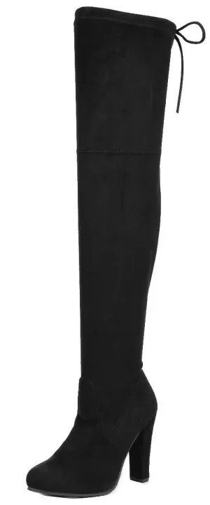 Forever Link Women's Stacked Chunky Heel Stretch Thigh High Pull On Boot