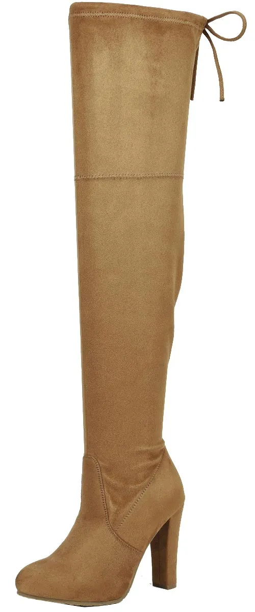 Forever Link Women's Stacked Chunky Heel Stretch Thigh High Pull On Boot