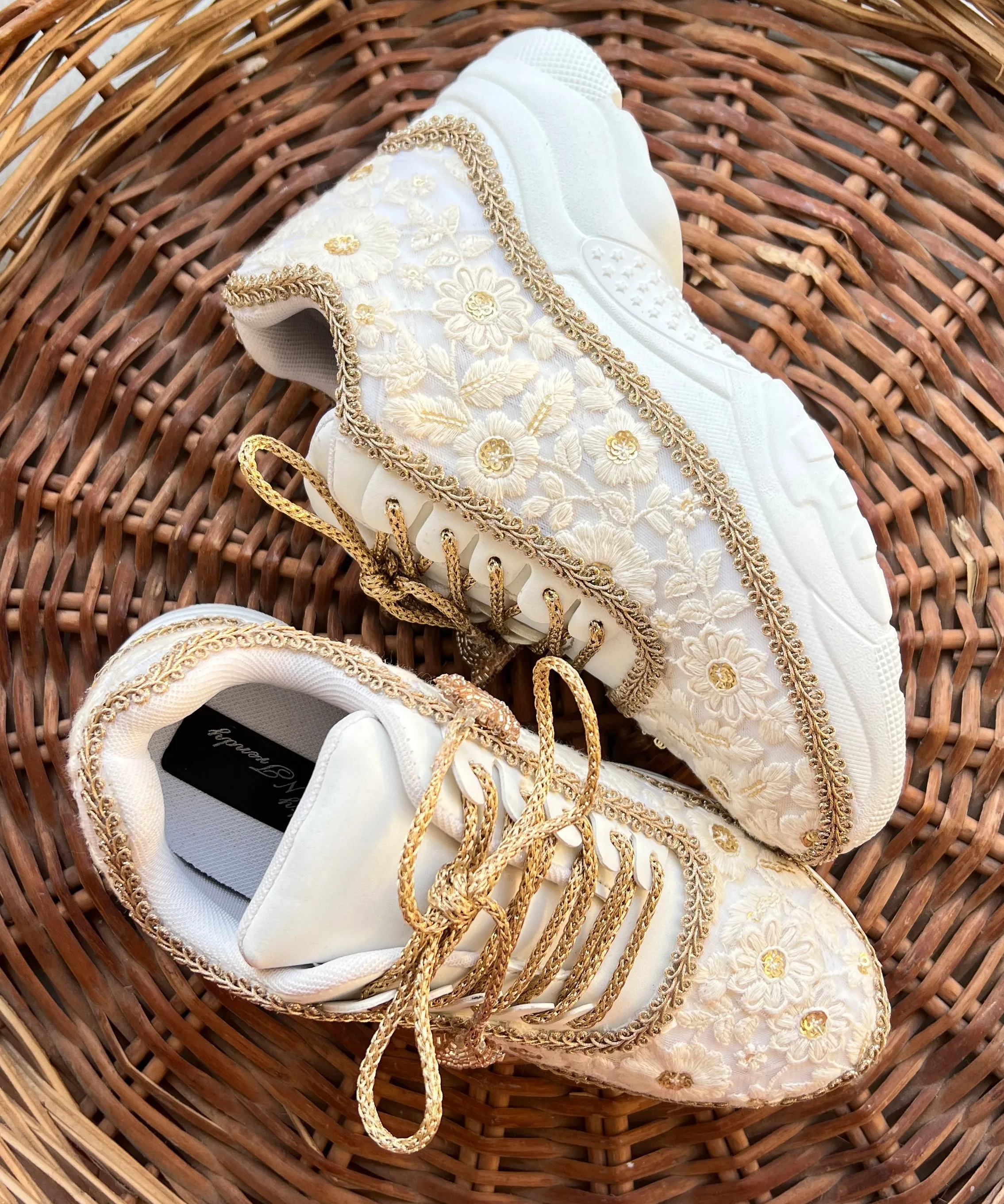 Funky N Trendy ivory / off white embroidery work bridal sneakers/ bridesmaid sneaker / hancrafted sneakers / gold sneakers / golden sneakers/ white sneakers / white shoes