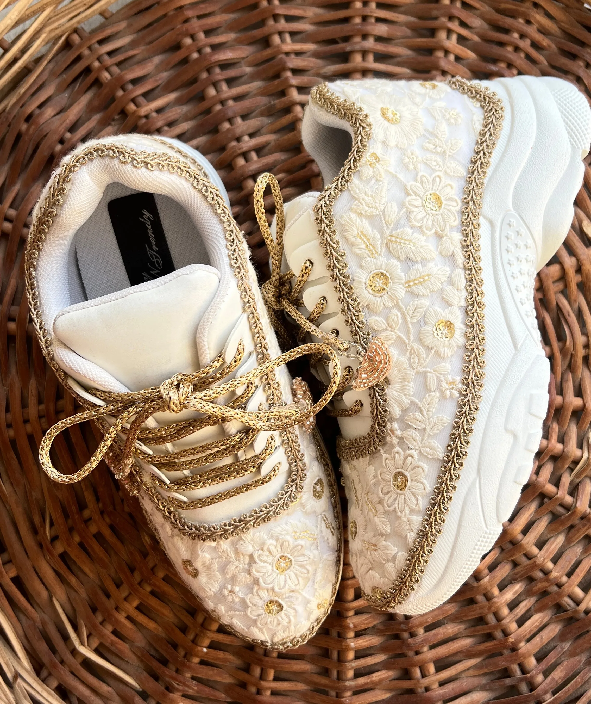 Funky N Trendy ivory / off white embroidery work bridal sneakers/ bridesmaid sneaker / hancrafted sneakers / gold sneakers / golden sneakers/ white sneakers / white shoes