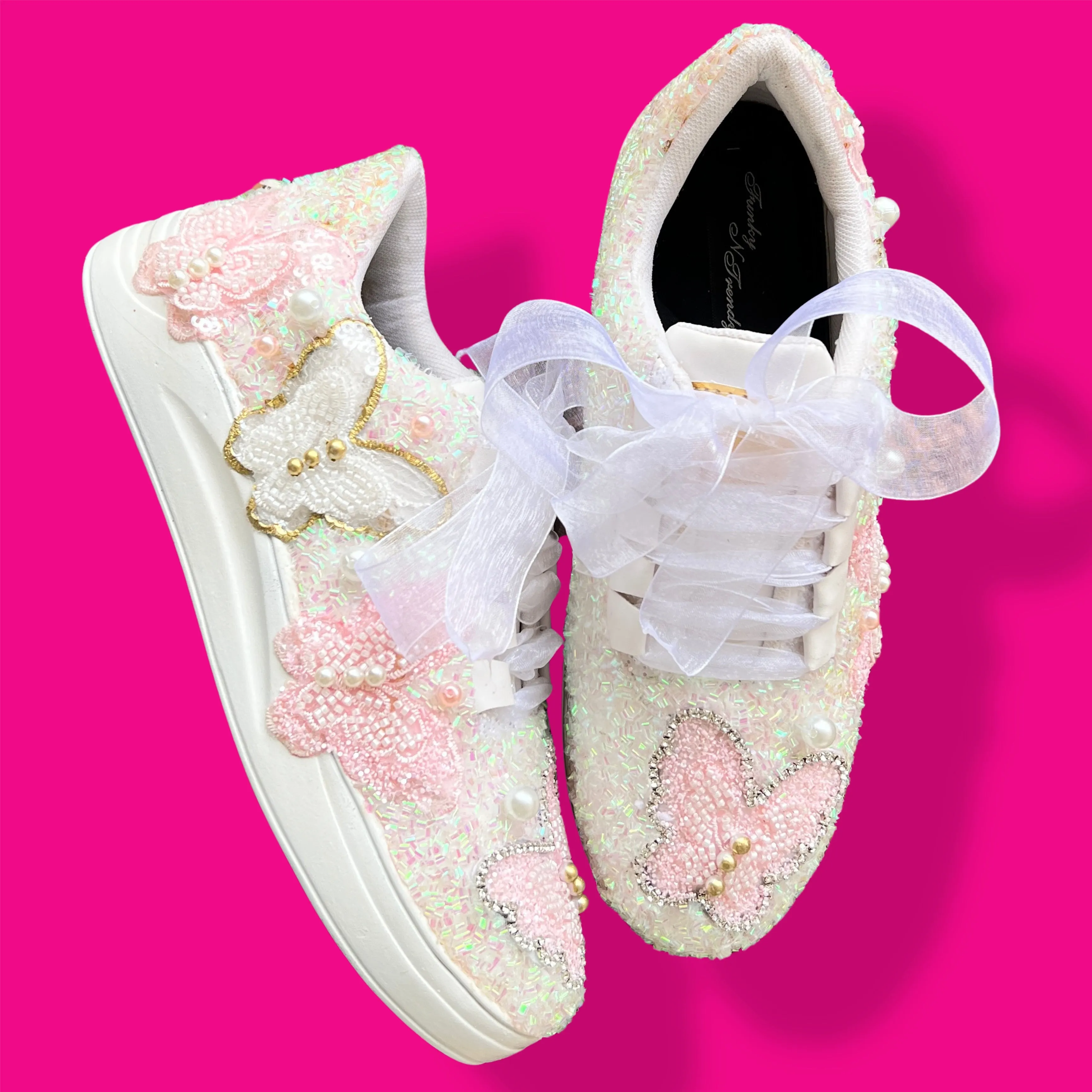 FUNKY N TRENDY pink white butterfly sneakers/ hand work sneakers for brides / bridesmaids/ pink shoes / pink sneakers