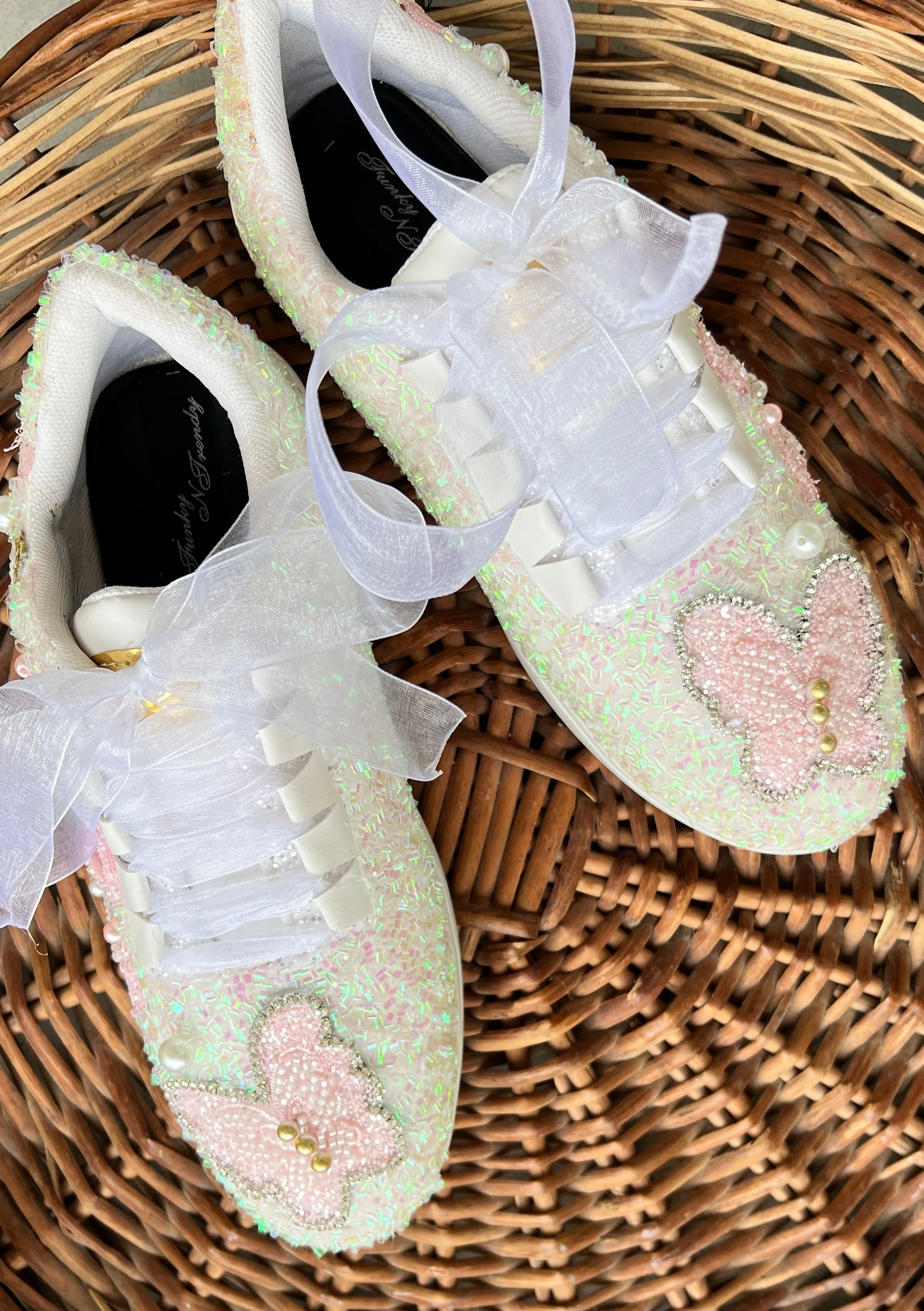 FUNKY N TRENDY pink white butterfly sneakers/ hand work sneakers for brides / bridesmaids/ pink shoes / pink sneakers