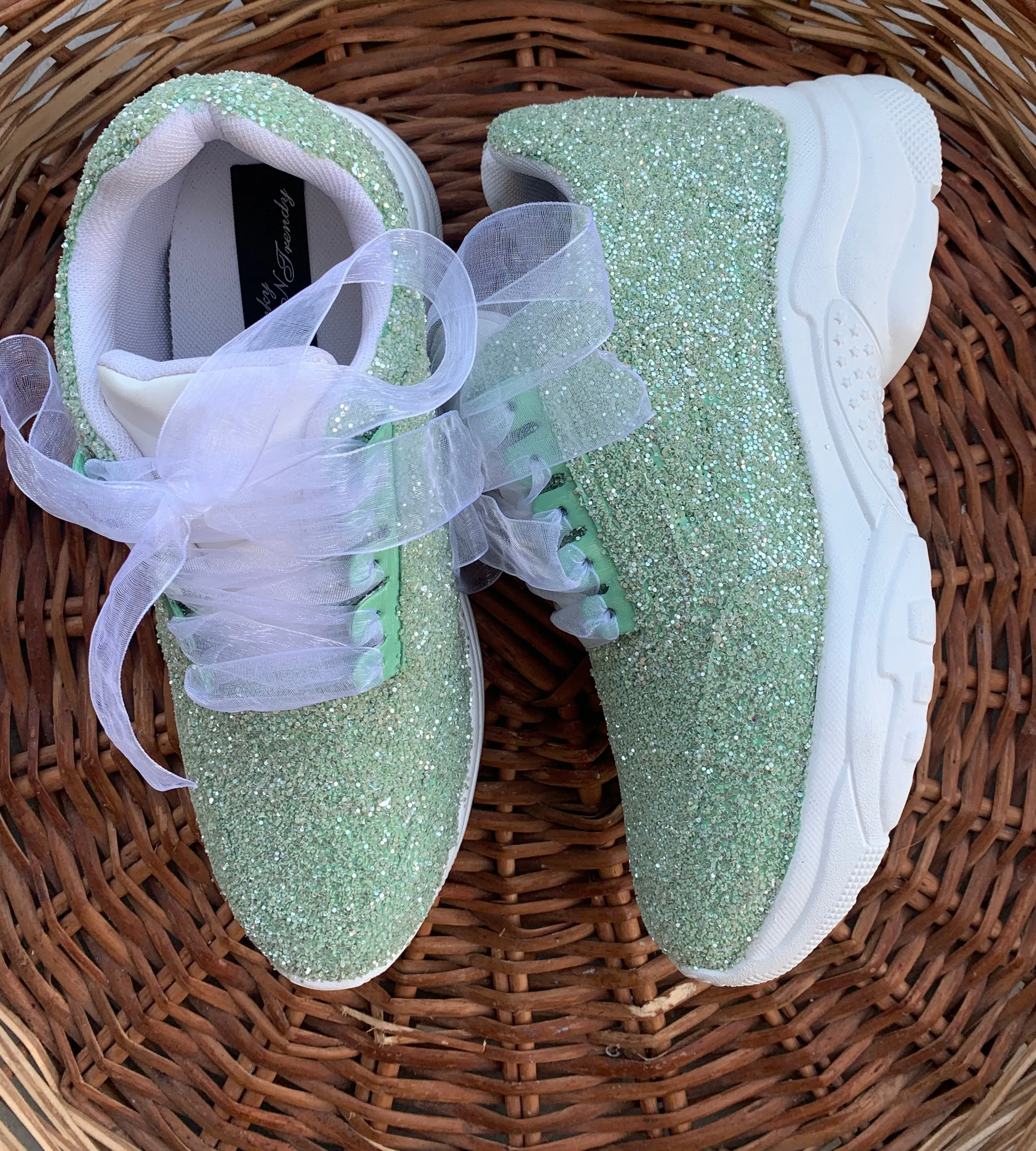 FUNKY N TRENDY saga green glitter sneakers for brides /bridesmaids / sneakers for bridesmaids/ handcrafted sneakers/ glitter sneakers / bridal sneakers / bridesmaid sneakers/ green sneakers / green shoes