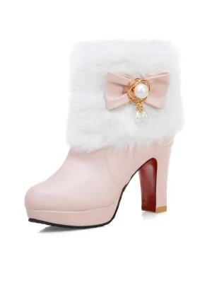 Fur Bow Pointed High Heels Boots