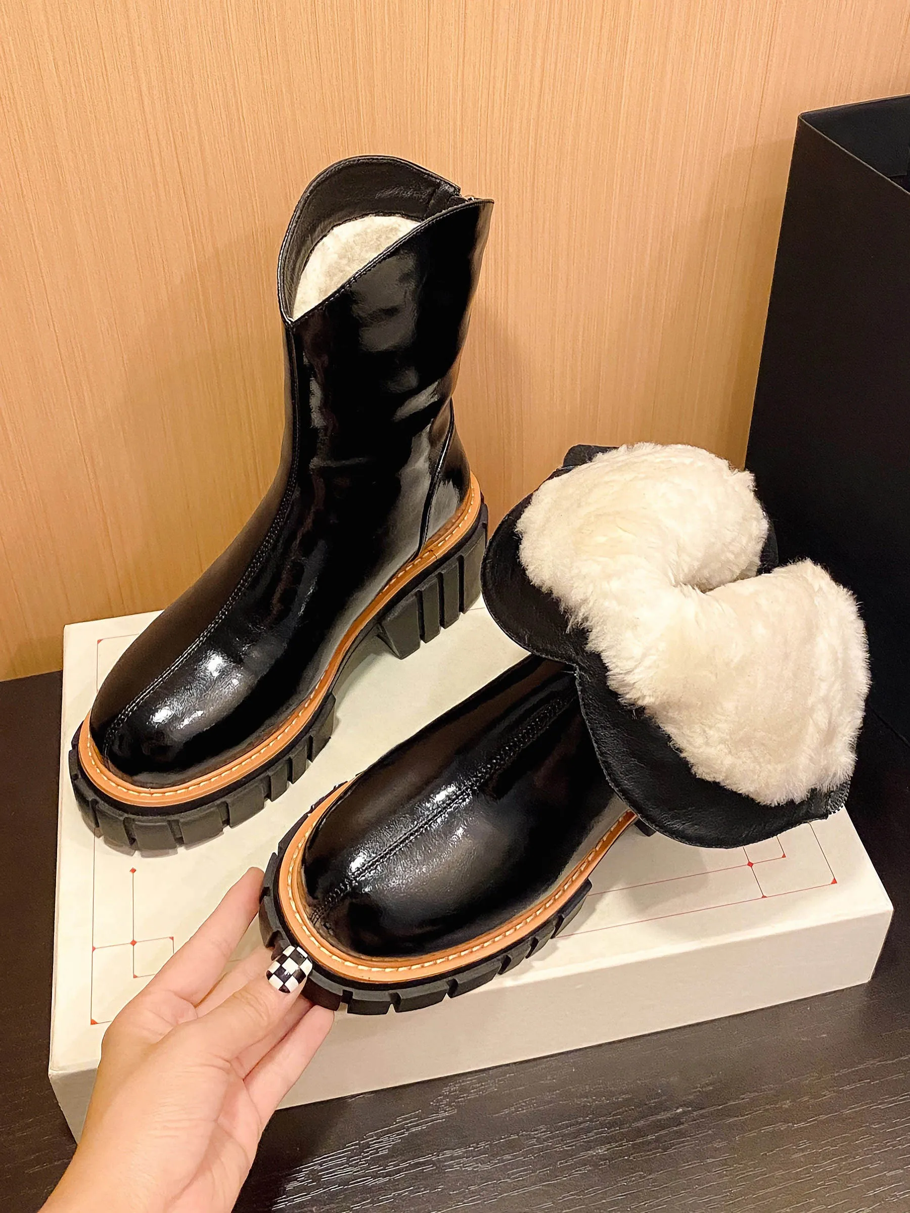 Genuine Leather Wool Fur Lining Platform Western Boots