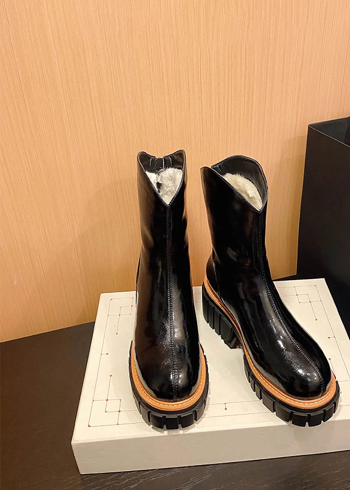 Genuine Leather Wool Fur Lining Platform Western Boots