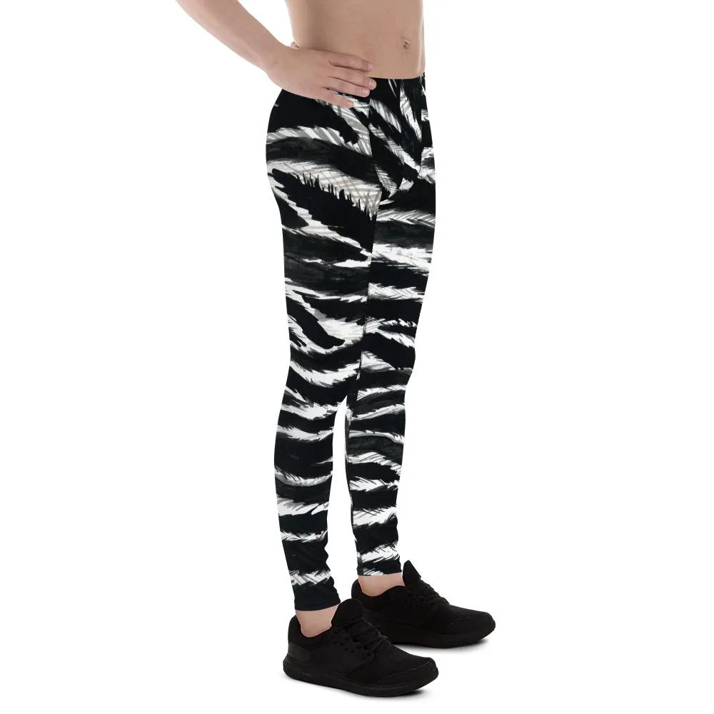 Glam Animal Print Zebra Meggings, Best Black Animal Print Men's Leggings Tights- Made in USA/EU/MX