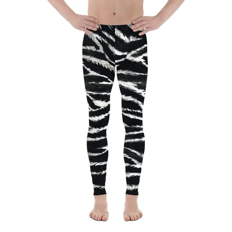 Glam Animal Print Zebra Meggings, Best Black Animal Print Men's Leggings Tights- Made in USA/EU/MX