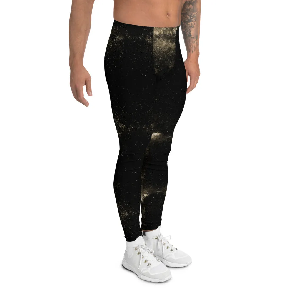 Golden Galaxies Men's Leggings, Black Space Galaxies Premium Meggings Tights-Made in USA/EU