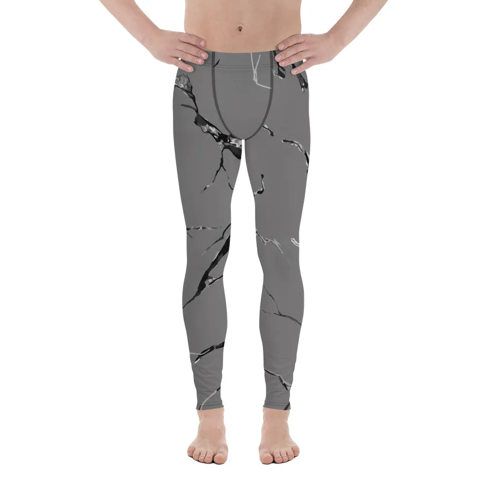 Gray Marble Print Sexy Meggings, Elastic Comfy Men's Running Leggings-Made in USA/EU