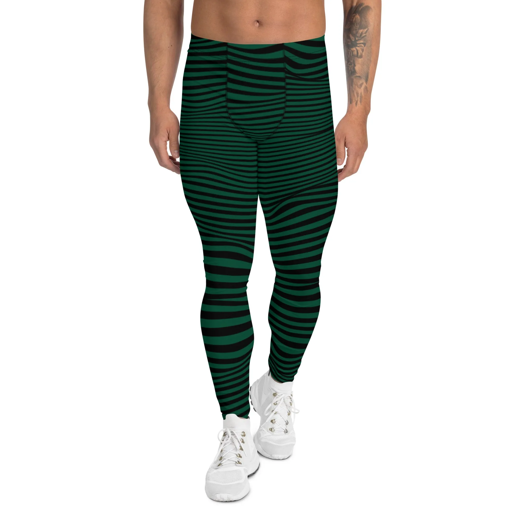 Green Black Meshed Men's Leggings, Striped Premium Meggings Compression Running Tights-Made in USA/EU/MX