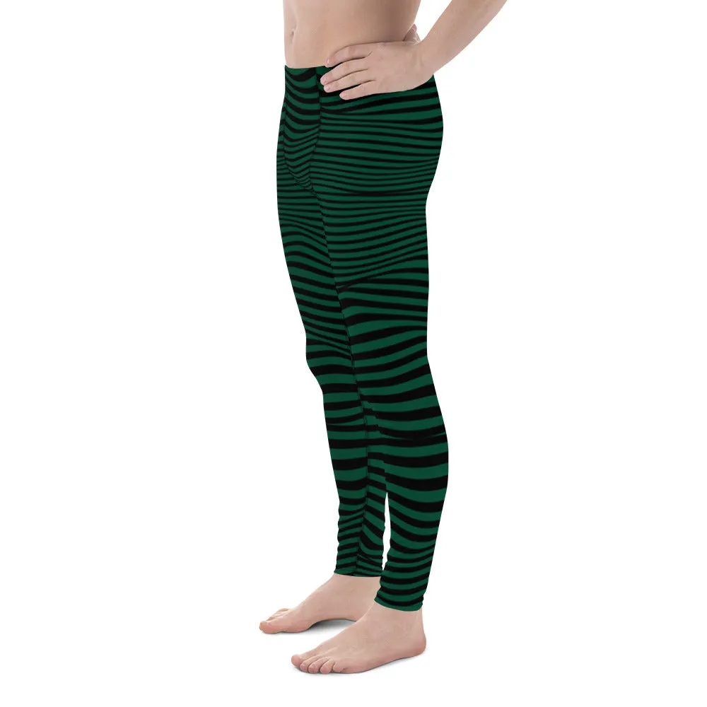 Green Black Meshed Men's Leggings, Striped Premium Meggings Compression Running Tights-Made in USA/EU/MX