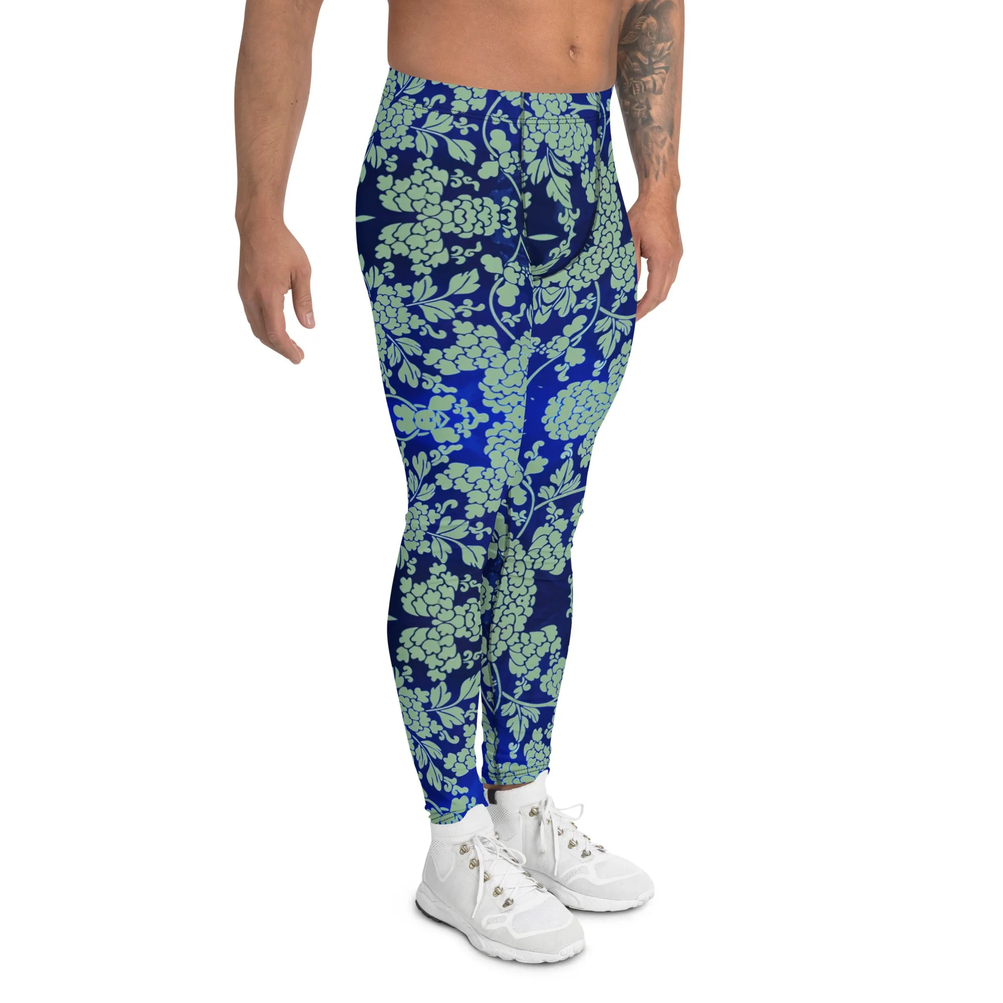 Green Blue Floral Men's Leggings, Best Blue Oriental Style Floral Print Meggings Compression Tights - Made in USA/EU/MX