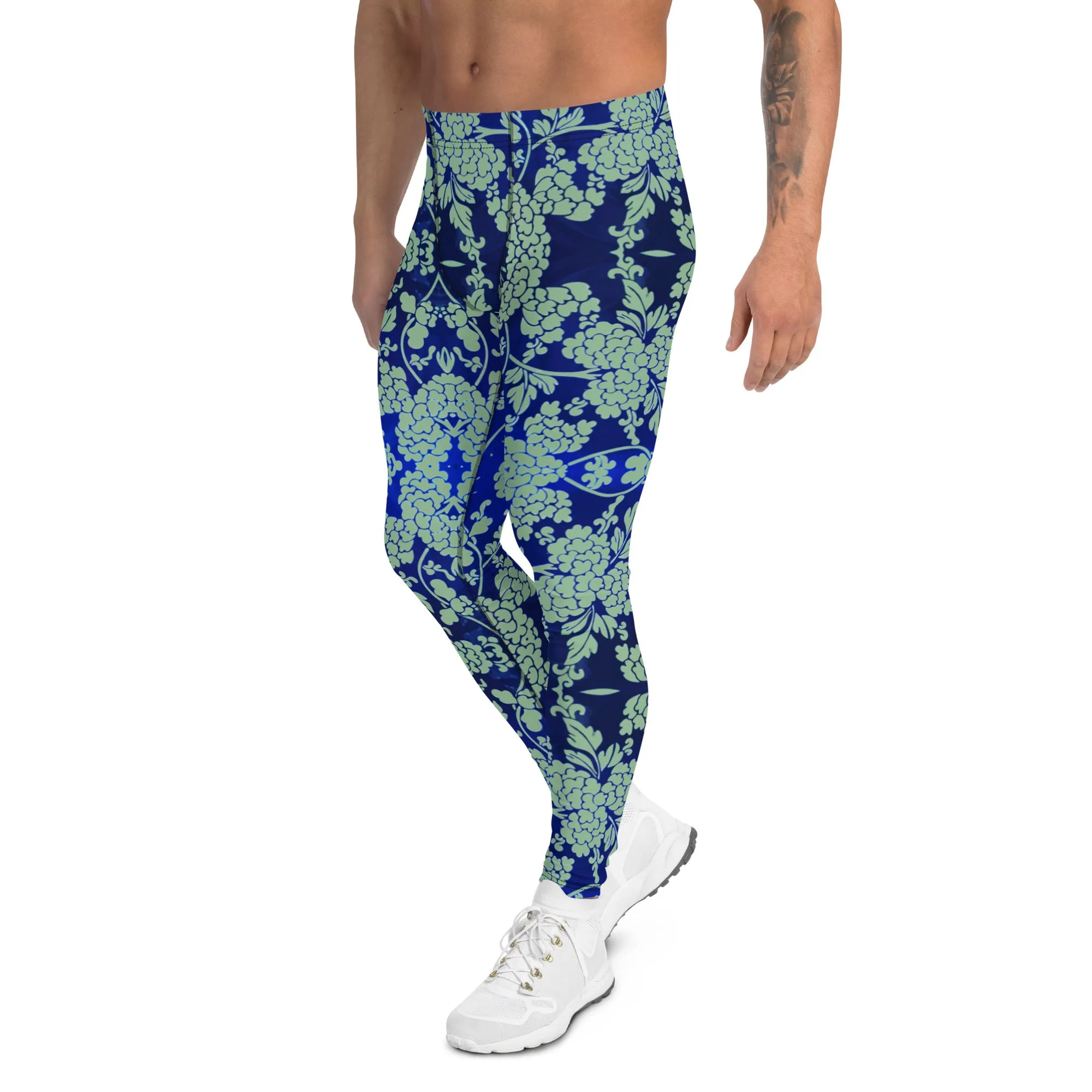 Green Blue Floral Men's Leggings, Best Blue Oriental Style Floral Print Meggings Compression Tights - Made in USA/EU/MX