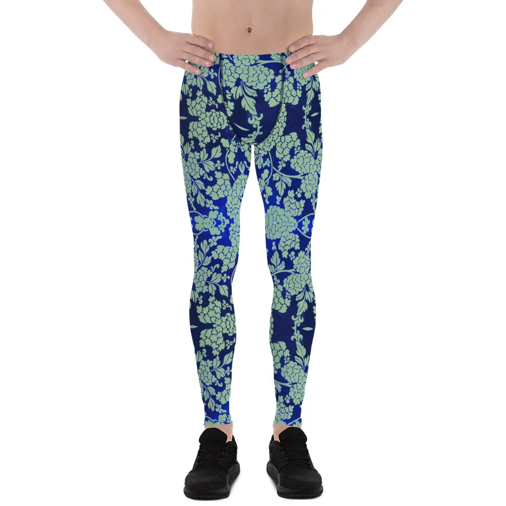 Green Blue Floral Men's Leggings, Best Blue Oriental Style Floral Print Meggings Compression Tights - Made in USA/EU/MX