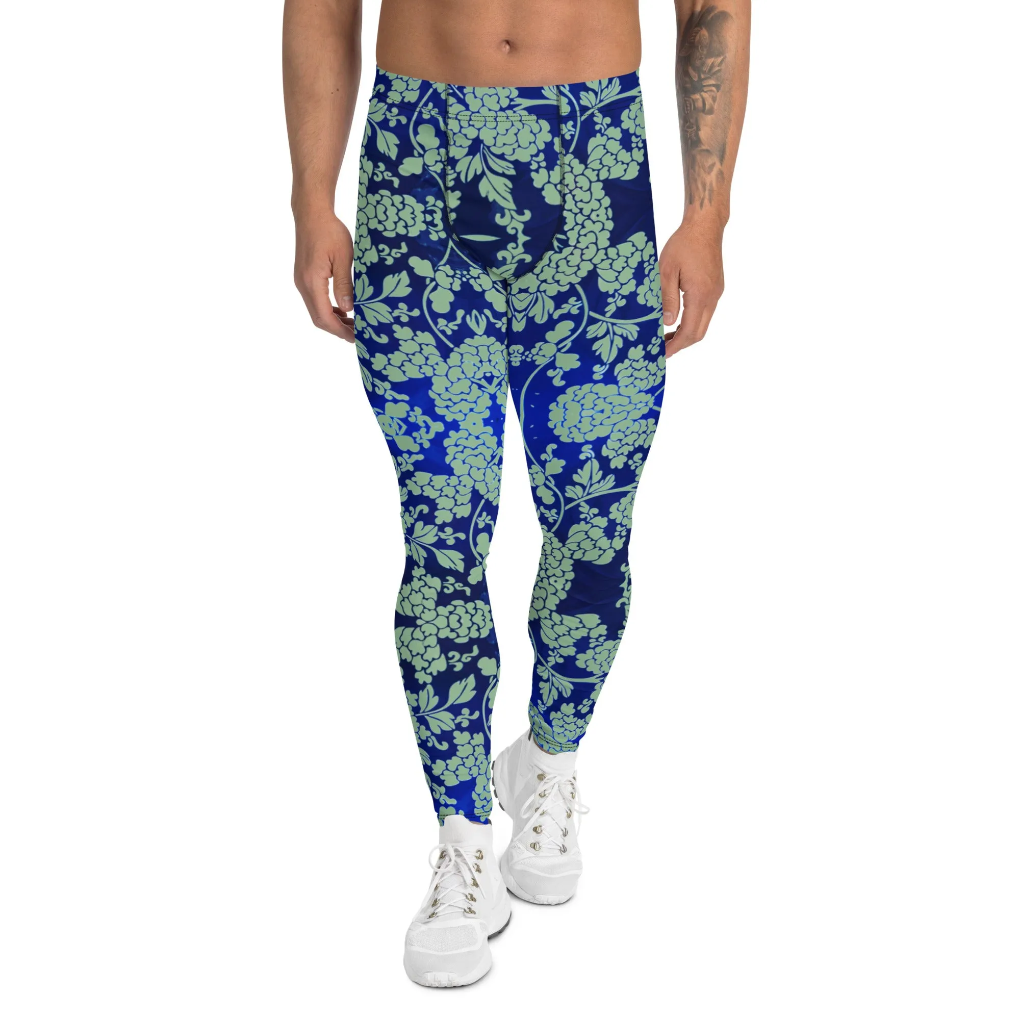 Green Blue Floral Men's Leggings, Best Blue Oriental Style Floral Print Meggings Compression Tights - Made in USA/EU/MX