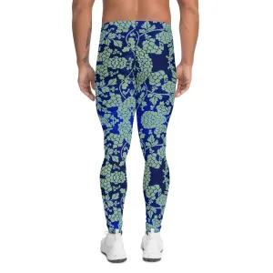 Green Blue Floral Men's Leggings, Best Blue Oriental Style Floral Print Meggings Compression Tights - Made in USA/EU/MX