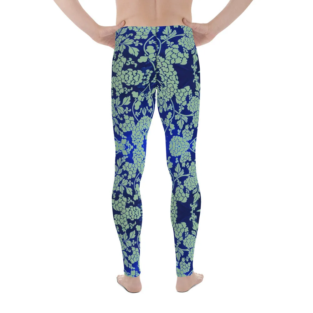 Green Blue Floral Men's Leggings, Best Blue Oriental Style Floral Print Meggings Compression Tights - Made in USA/EU/MX