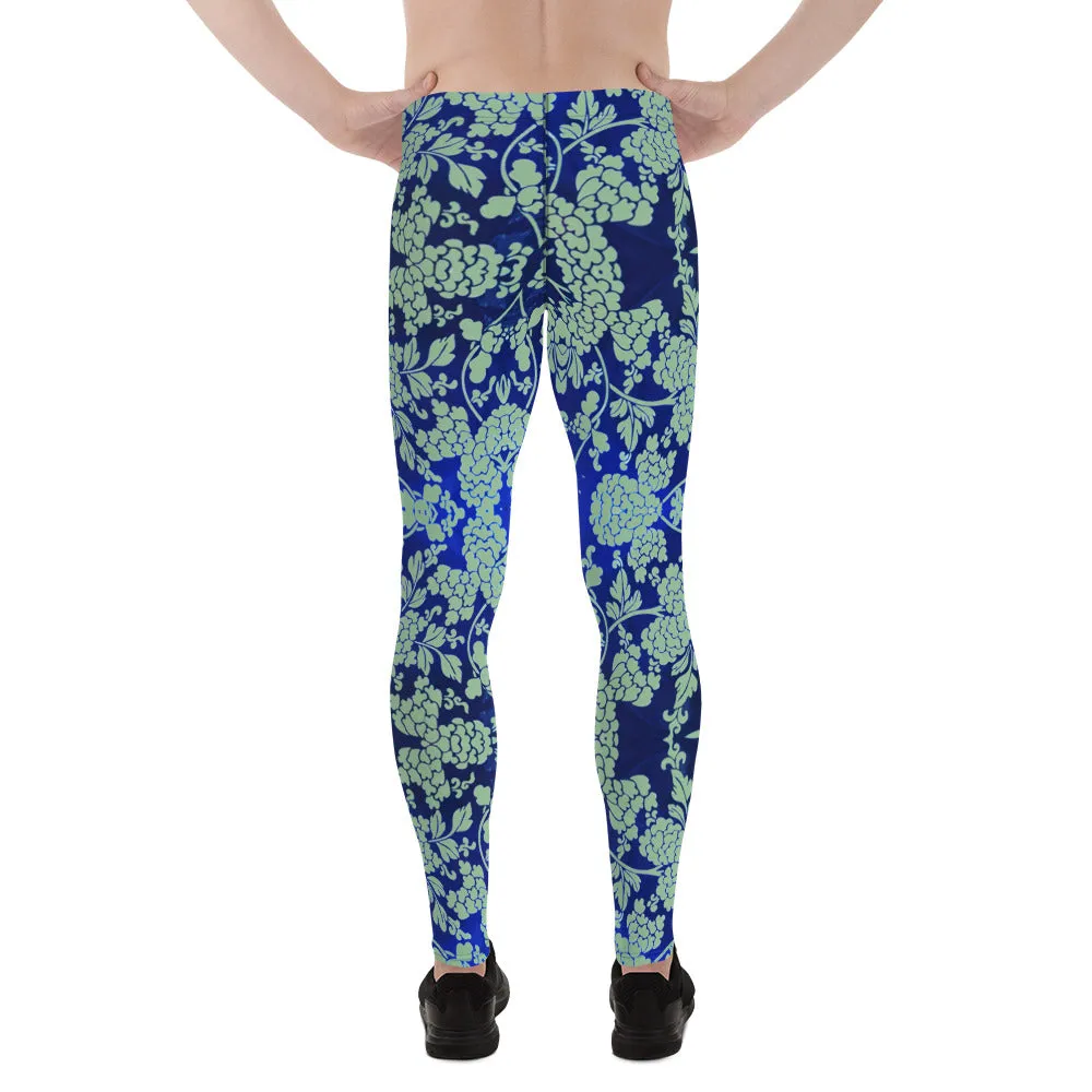 Green Blue Floral Men's Leggings, Best Blue Oriental Style Floral Print Meggings Compression Tights - Made in USA/EU/MX