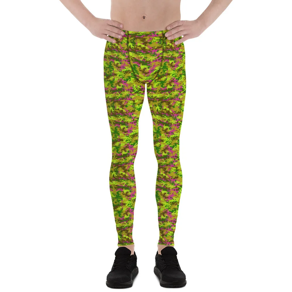 Green Pink Camo Meggings, Camouflage Military Army Print Men's Leggings-Made in USA/EU