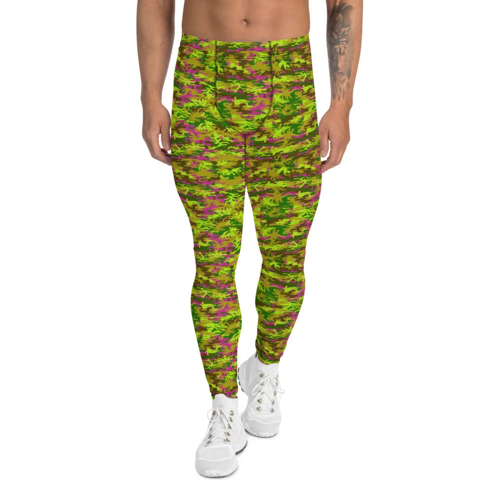 Green Pink Camo Meggings, Camouflage Military Army Print Men's Leggings-Made in USA/EU