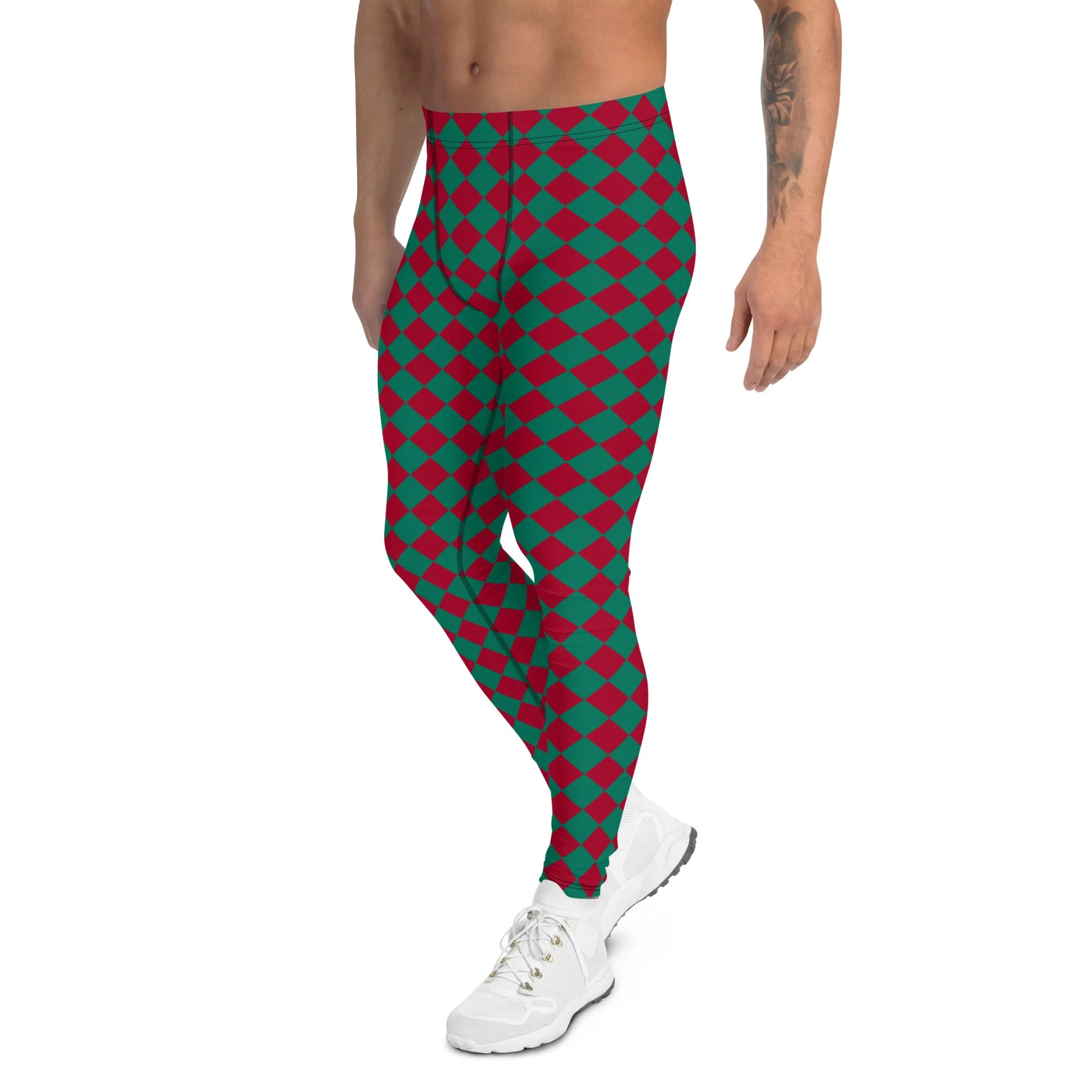 Green Red Checkered Men's Leggings, Check Pants Men, Men's Plaid Pants, Checkered Pants - Made in USA/EU/MX