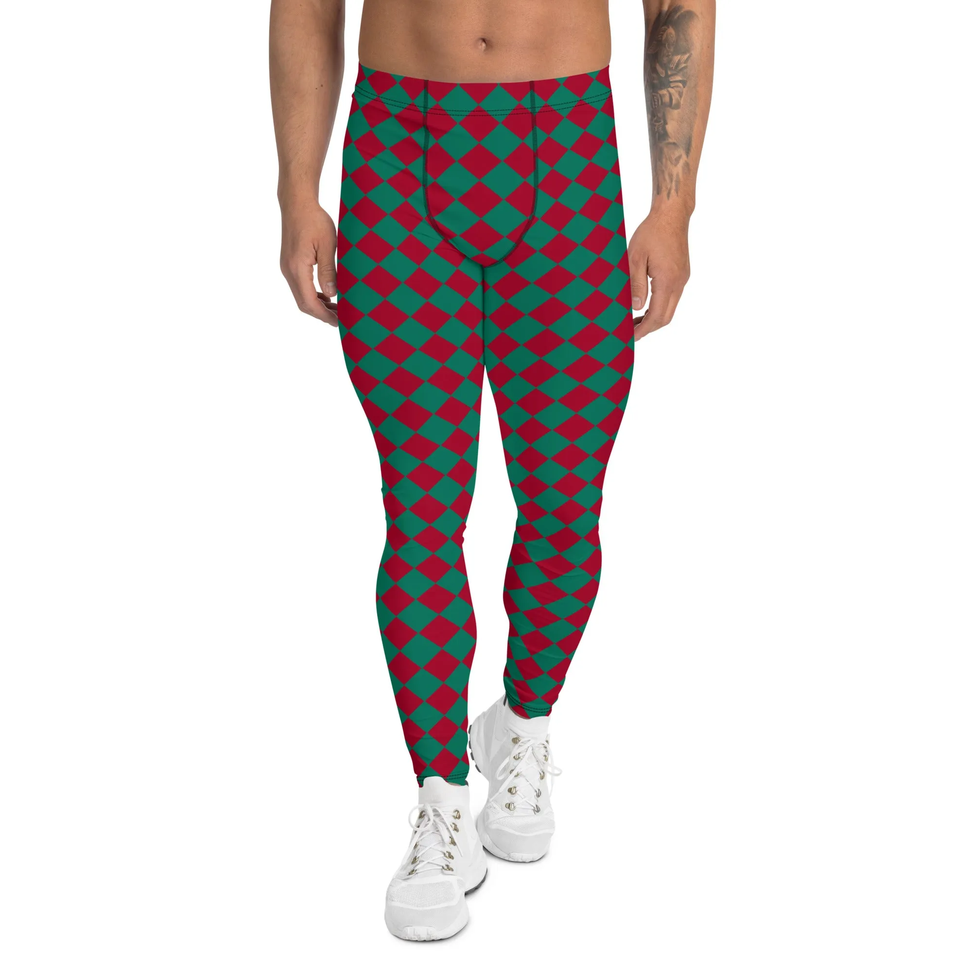 Green Red Checkered Men's Leggings, Check Pants Men, Men's Plaid Pants, Checkered Pants - Made in USA/EU/MX