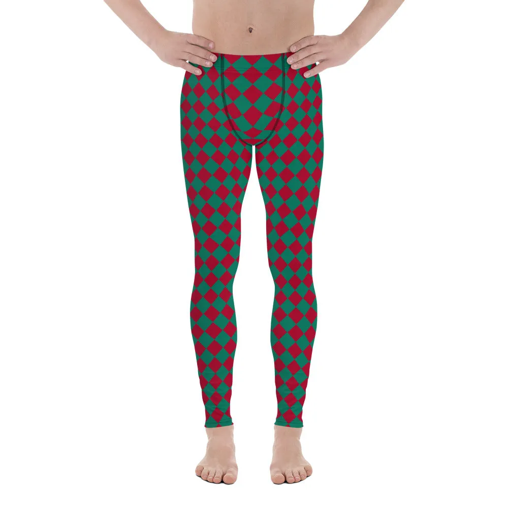 Green Red Checkered Men's Leggings, Check Pants Men, Men's Plaid Pants, Checkered Pants - Made in USA/EU/MX