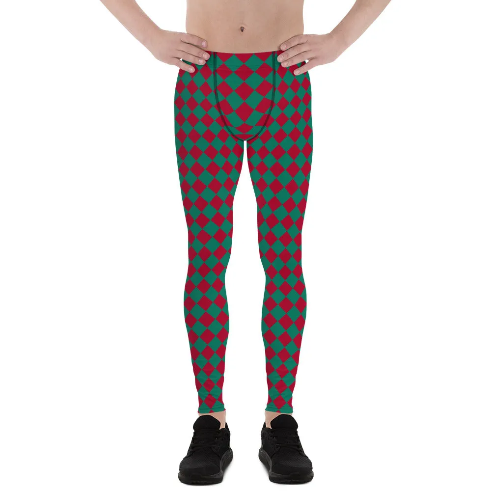 Green Red Checkered Men's Leggings, Check Pants Men, Men's Plaid Pants, Checkered Pants - Made in USA/EU/MX