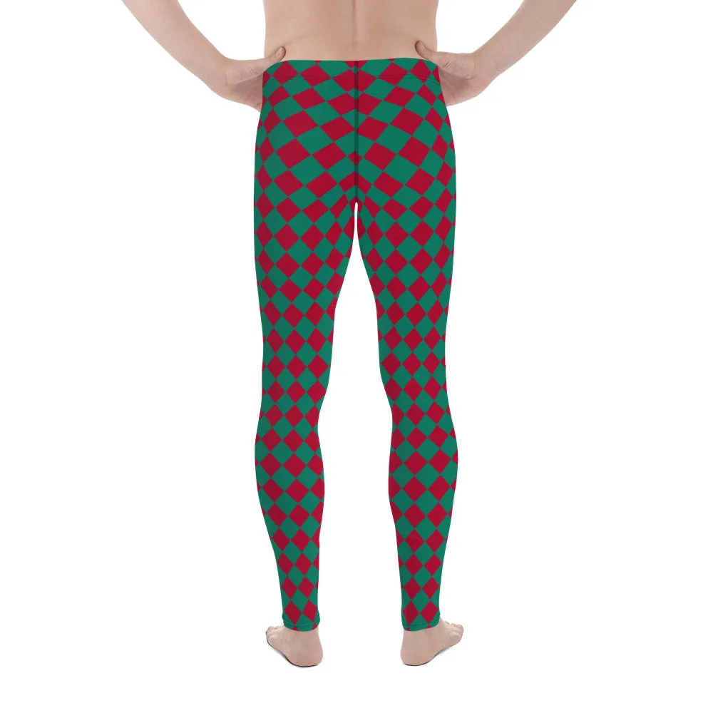 Green Red Checkered Men's Leggings, Check Pants Men, Men's Plaid Pants, Checkered Pants - Made in USA/EU/MX