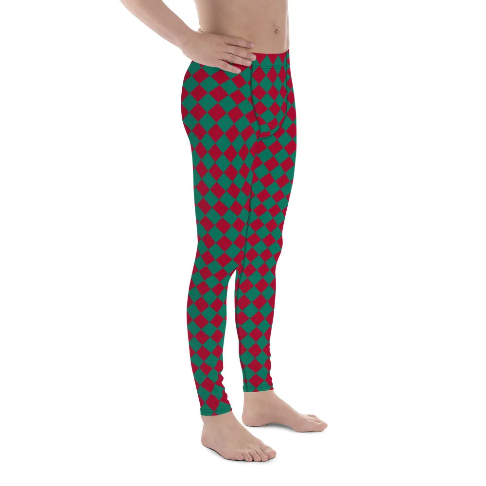 Green Red Checkered Men's Leggings, Check Pants Men, Men's Plaid Pants, Checkered Pants - Made in USA/EU/MX