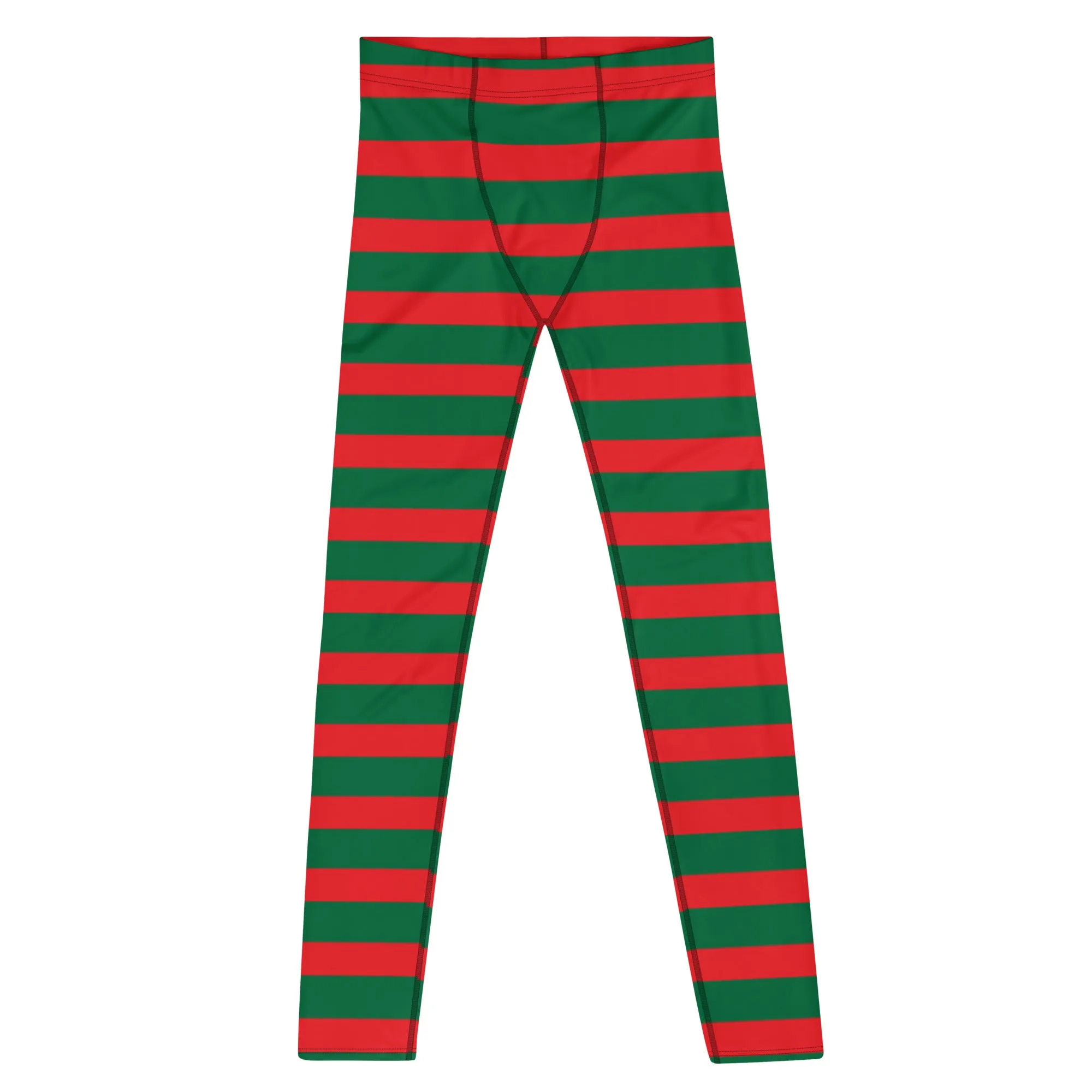 Green Red Stripes Men's Leggings, Striped Colors Men's Leggings, Colorful Christmas Candy Cane Style Gym Tights For Men - Made in USA/EU/MX