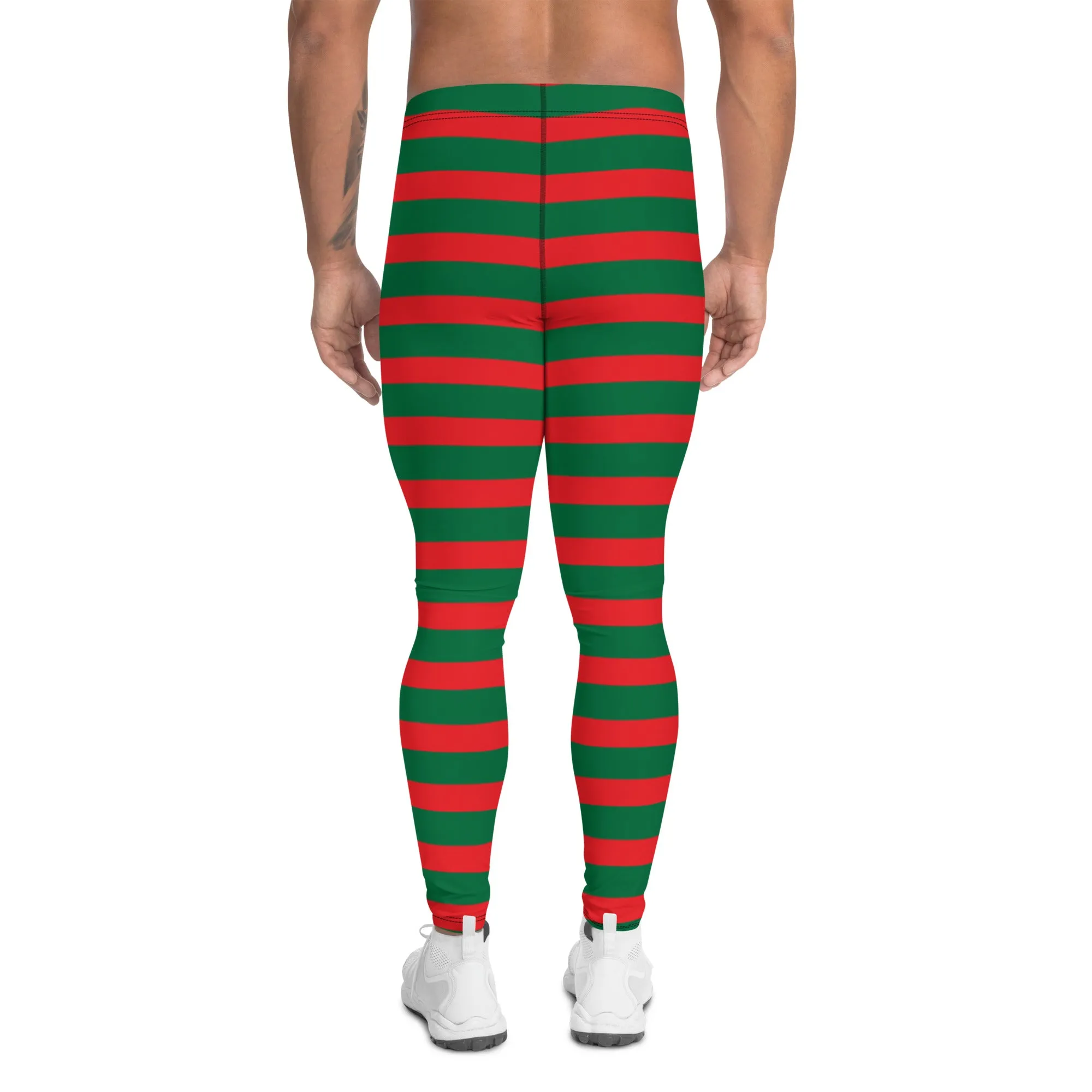 Green Red Stripes Men's Leggings, Striped Colors Men's Leggings, Colorful Christmas Candy Cane Style Gym Tights For Men - Made in USA/EU/MX