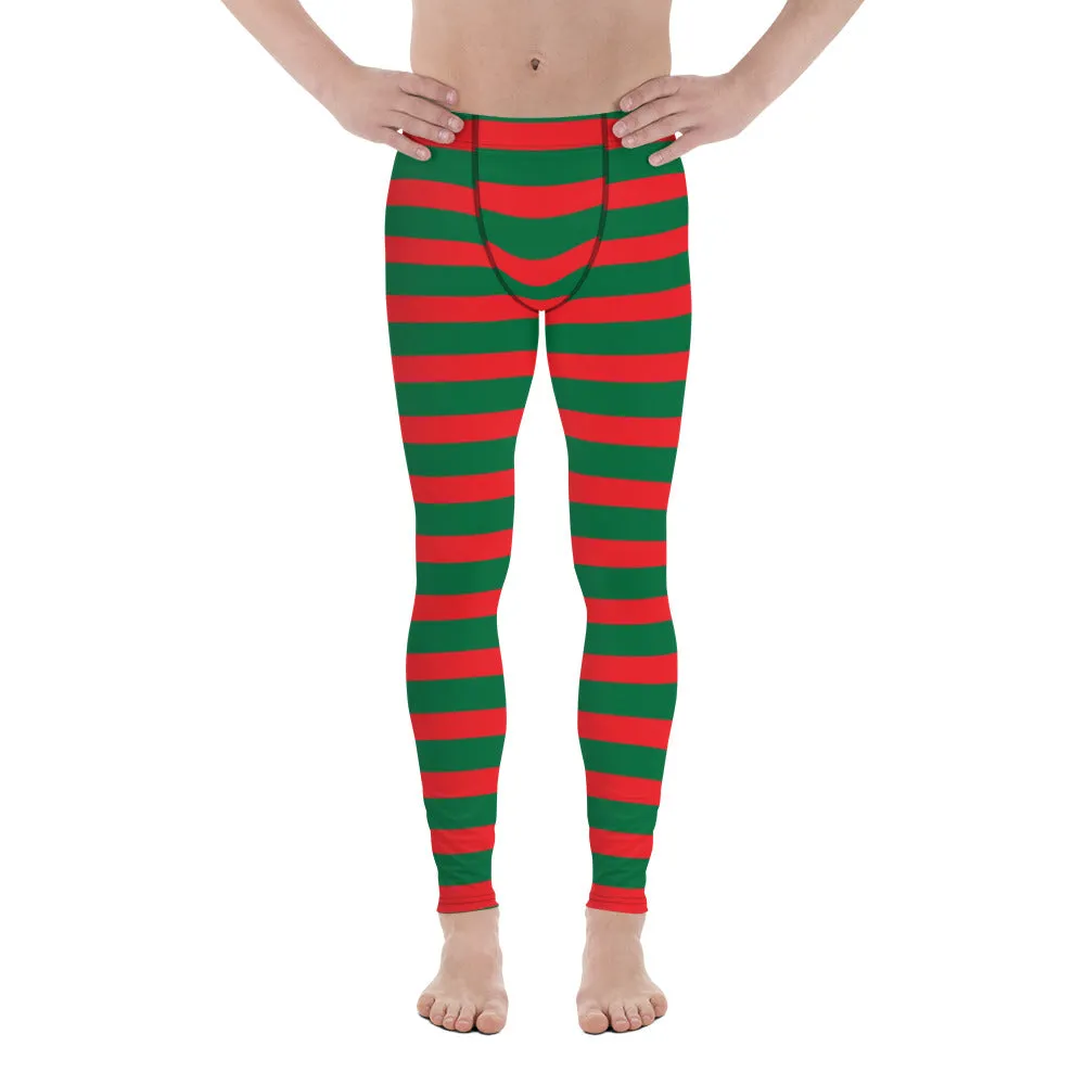 Green Red Stripes Men's Leggings, Striped Colors Men's Leggings, Colorful Christmas Candy Cane Style Gym Tights For Men - Made in USA/EU/MX