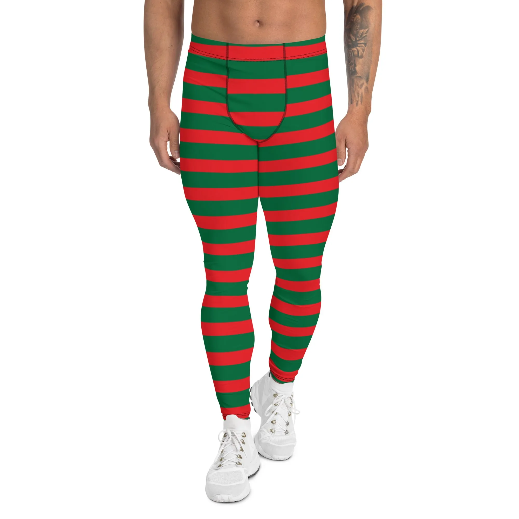 Green Red Stripes Men's Leggings, Striped Colors Men's Leggings, Colorful Christmas Candy Cane Style Gym Tights For Men - Made in USA/EU/MX