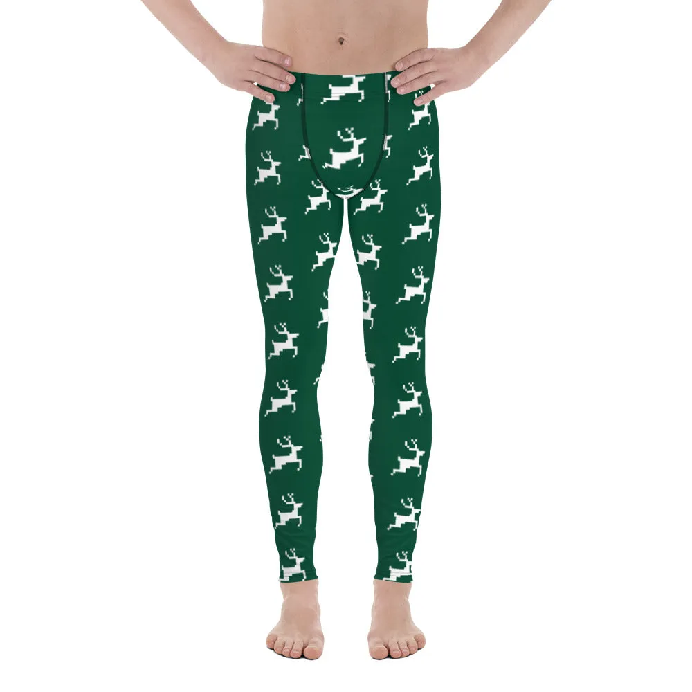 Green Reindeer Christmas Men's Leggings, Best Green Xmas Designer Men's Leggings-Made in USA/MX/EU