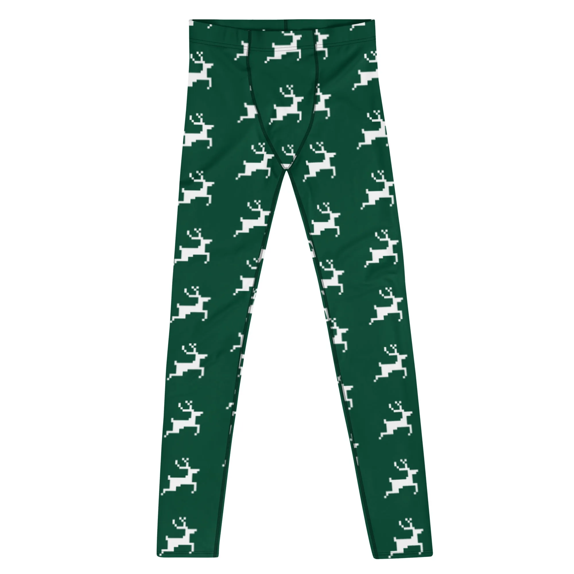 Green Reindeer Christmas Men's Leggings, Best Green Xmas Designer Men's Leggings-Made in USA/MX/EU