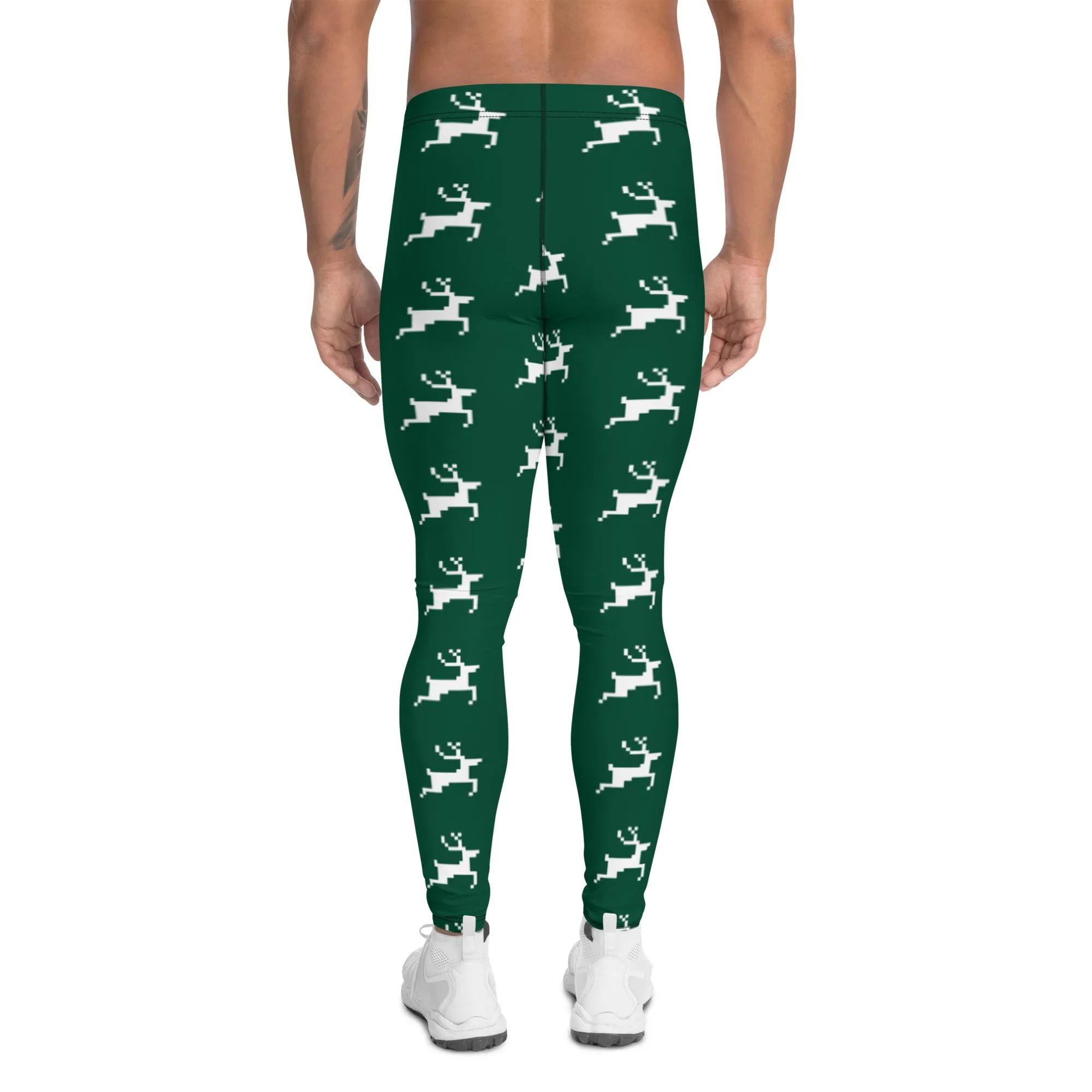 Green Reindeer Christmas Men's Leggings, Best Green Xmas Designer Men's Leggings-Made in USA/MX/EU