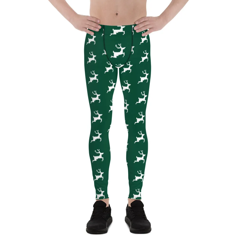 Green Reindeer Christmas Men's Leggings, Best Green Xmas Designer Men's Leggings-Made in USA/MX/EU