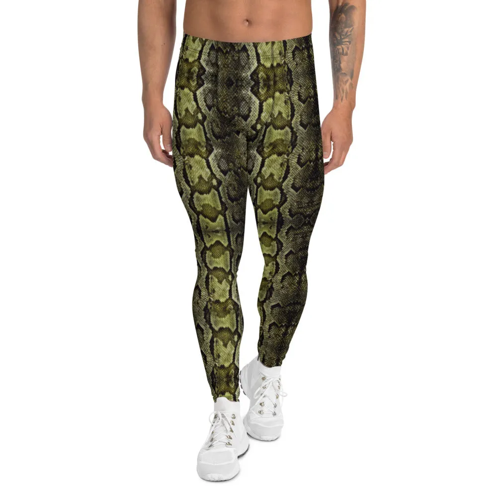 Green Snake Print Men's Leggings, Snake Skin Python Style Meggings Tights For Men - Made in USA/EU