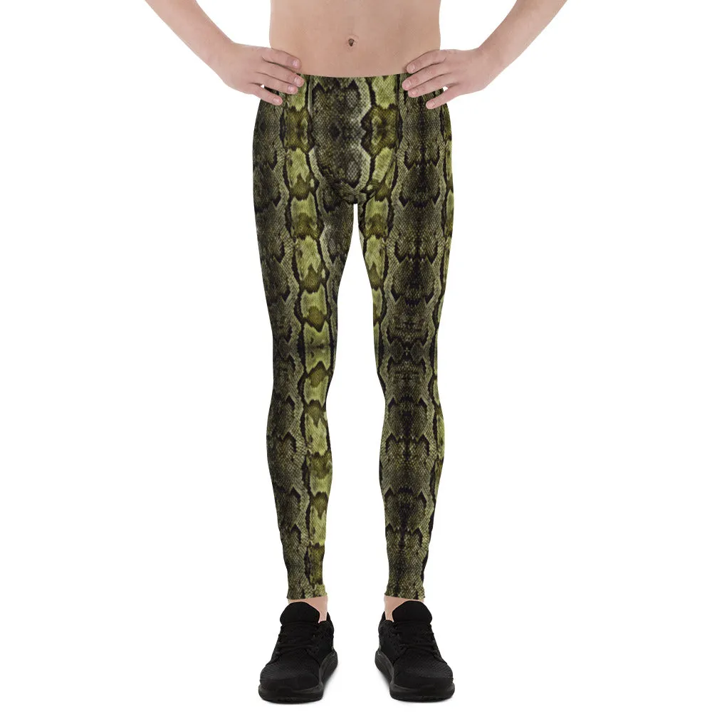 Green Snake Print Men's Leggings, Snake Skin Python Style Meggings Tights For Men - Made in USA/EU