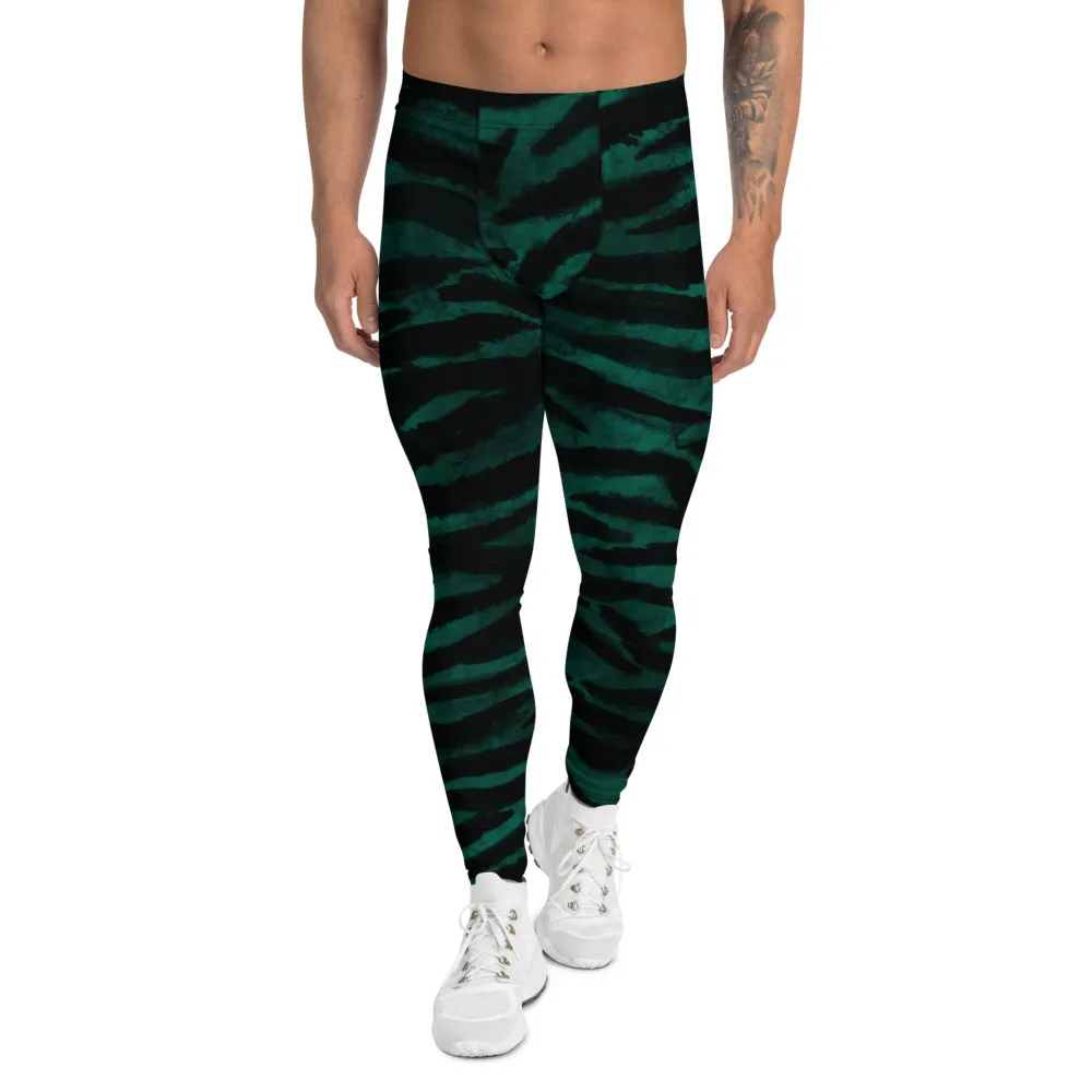 Green Tiger Stripes Men's Leggings, Tiger Striped Meggings Compression Run Tights-Made in USA