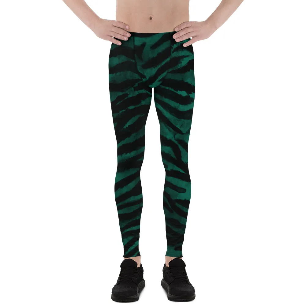 Green Tiger Stripes Men's Leggings, Tiger Striped Meggings Compression Run Tights-Made in USA