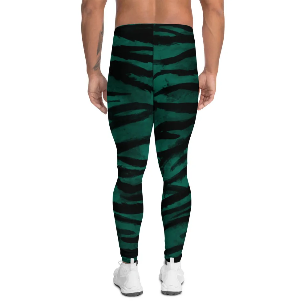 Green Tiger Stripes Men's Leggings, Tiger Striped Meggings Compression Run Tights-Made in USA